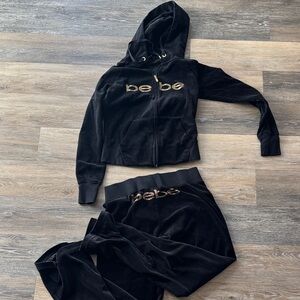 Bebe Black Velour Hoodie Set with Gold Accents